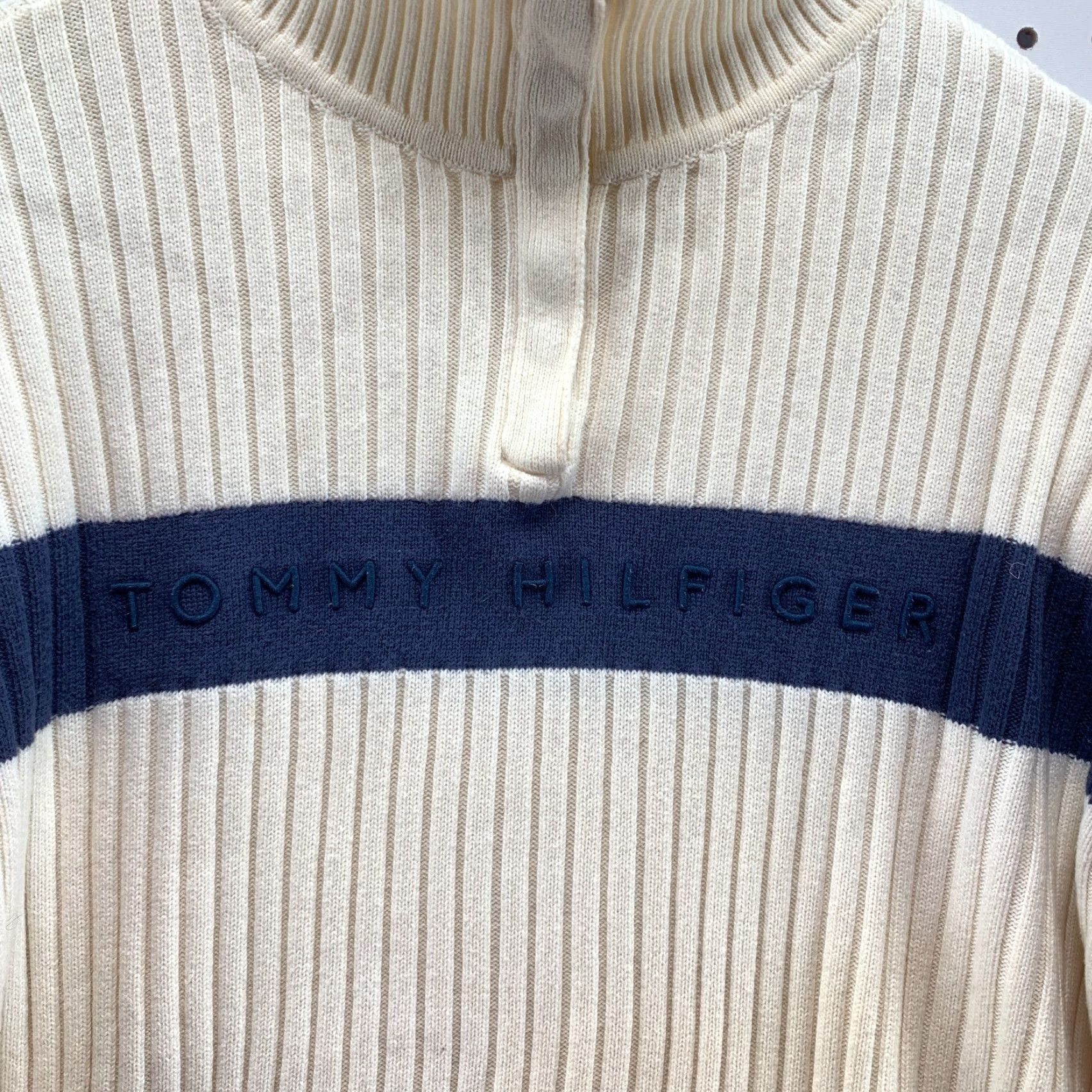 Tommy Hilfiger Tommy Hilfiger Ribbed Knit 1/4 Snap Sweater Striped Beige Blue Womens 2XL Mock Neck 90s Pullover Size XXL / US 16-18 / IT 52-54 - 7 Thumbnail