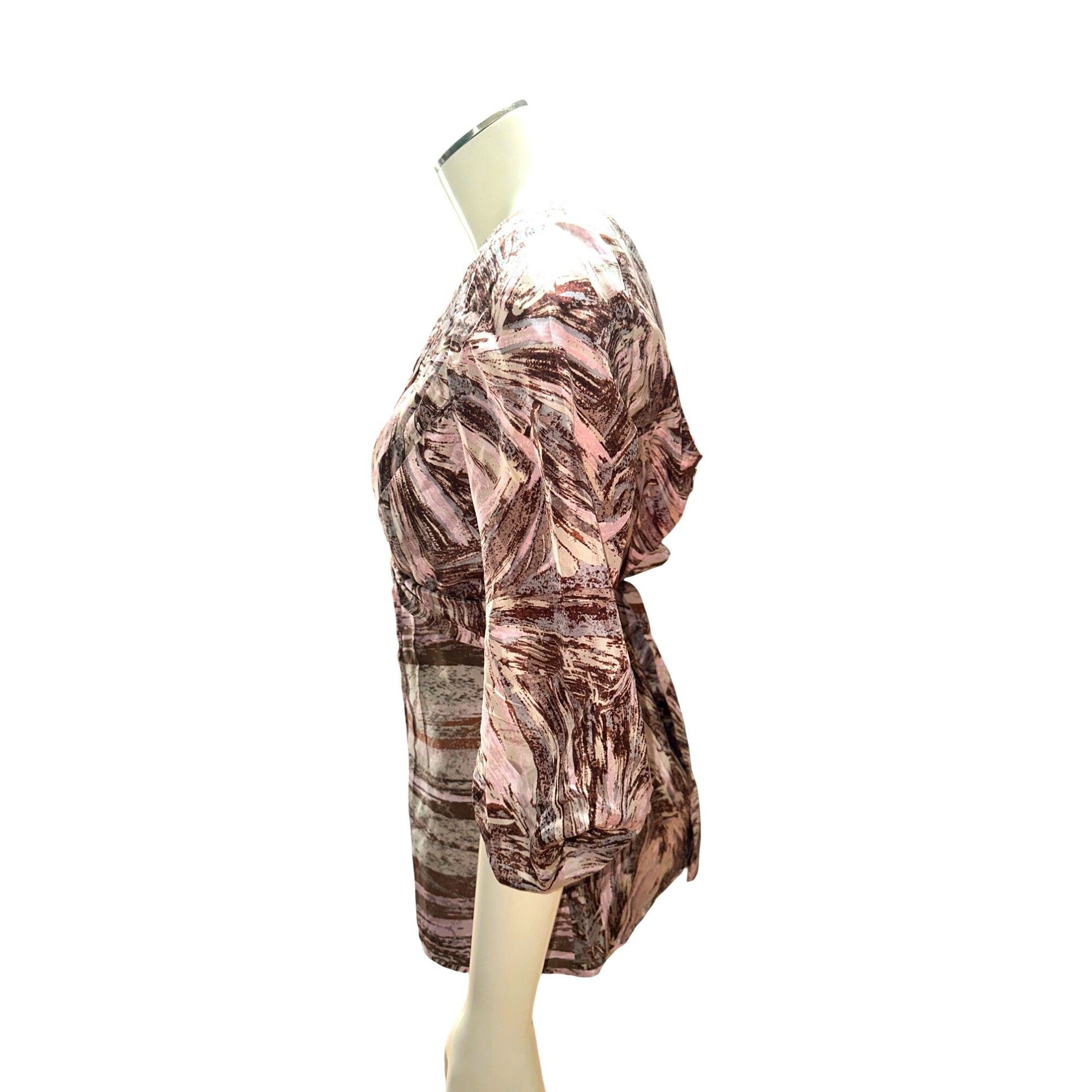 Bcbgmaxazria BCBG MaxAzria S Pink Brown Silk Blouse Abstract Print Draped Size S / US 4 / IT 40 - 3 Thumbnail