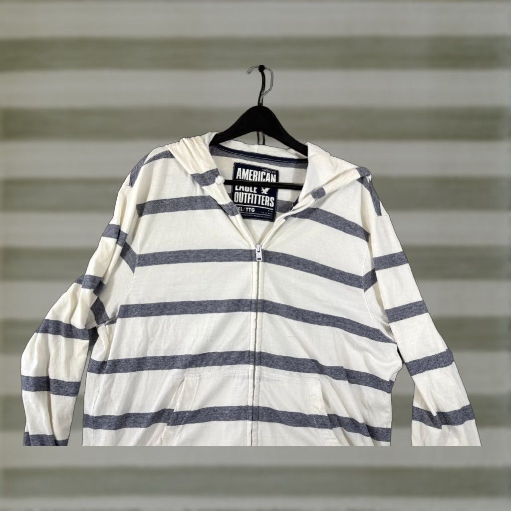 American Eagle Outfitters VINTAGE American Eagle Outfitters Hoodie Mens 2XL Ivory Blue Stripe Full-Zip Size US XXL / EU 58 / 5 - 1 Thumbnail