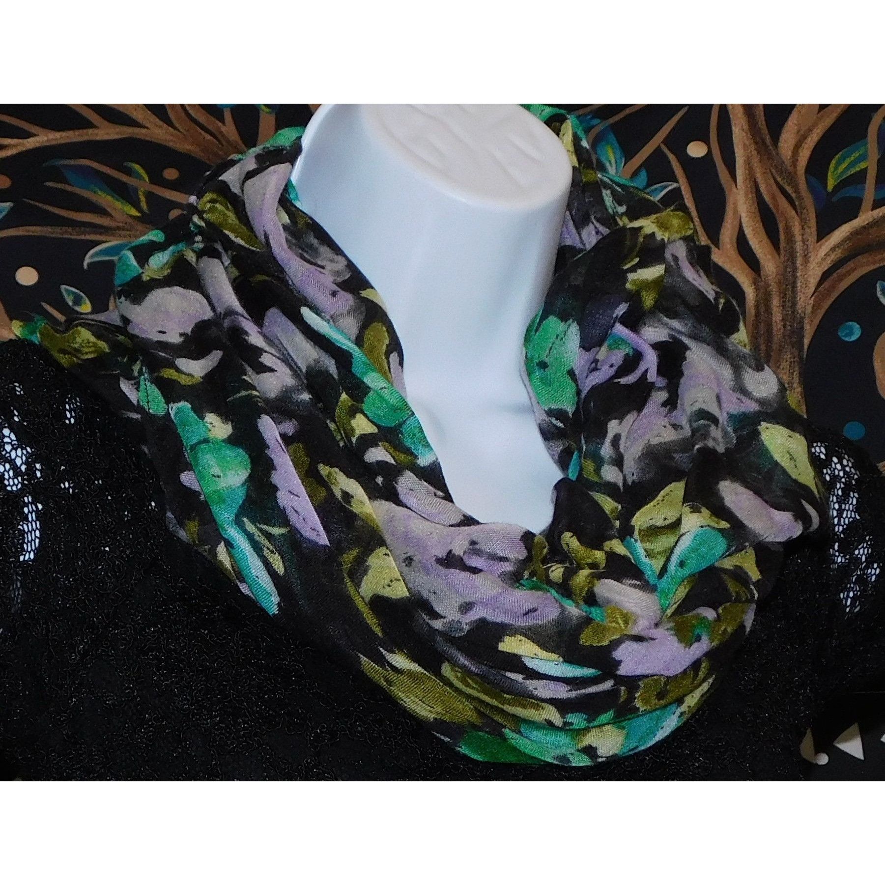 Other Cottgaecore Floral Infinity Scarf Lightweight Black With Gre Size ONE SIZE - 7 Thumbnail