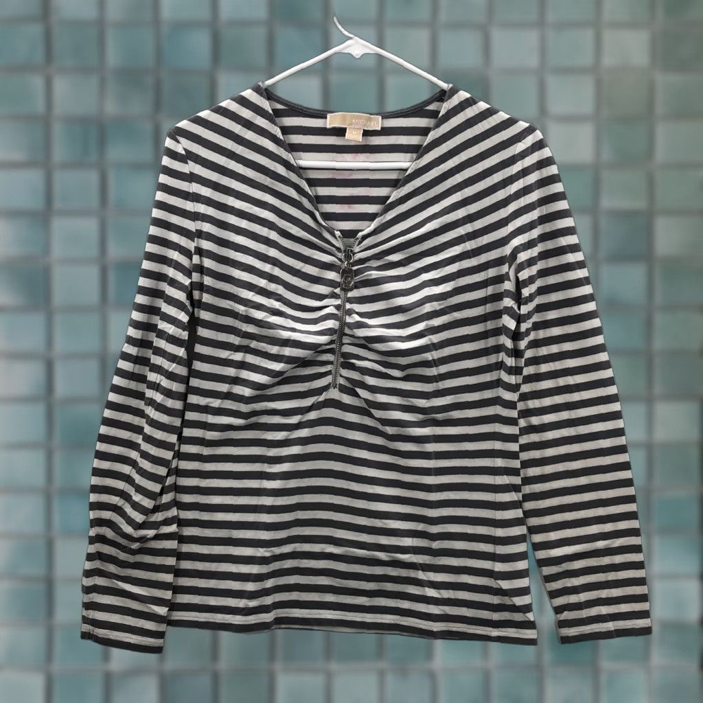 Michael Kors MICHAEL KORS Womens Black White Striped Long Sleeve V-Neck Blouse Medium Classic Casual Size M / US 6-8 / IT 42-44 - 1 Thumbnail