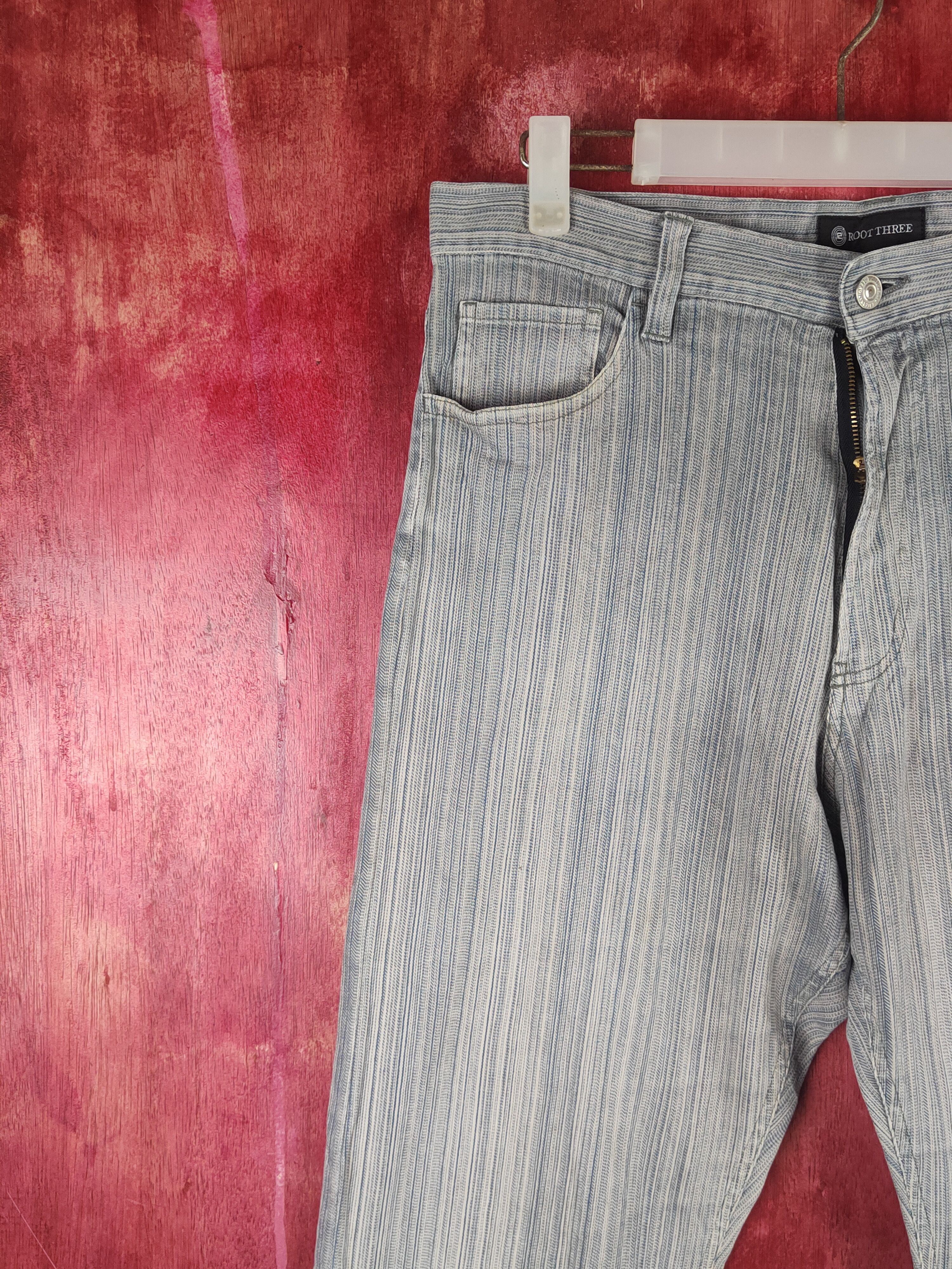 Japanese Brand Root Three Blue White Stripe Distressed Ripped Jeans #S2371 Size US 32 / EU 48 - 3 Thumbnail