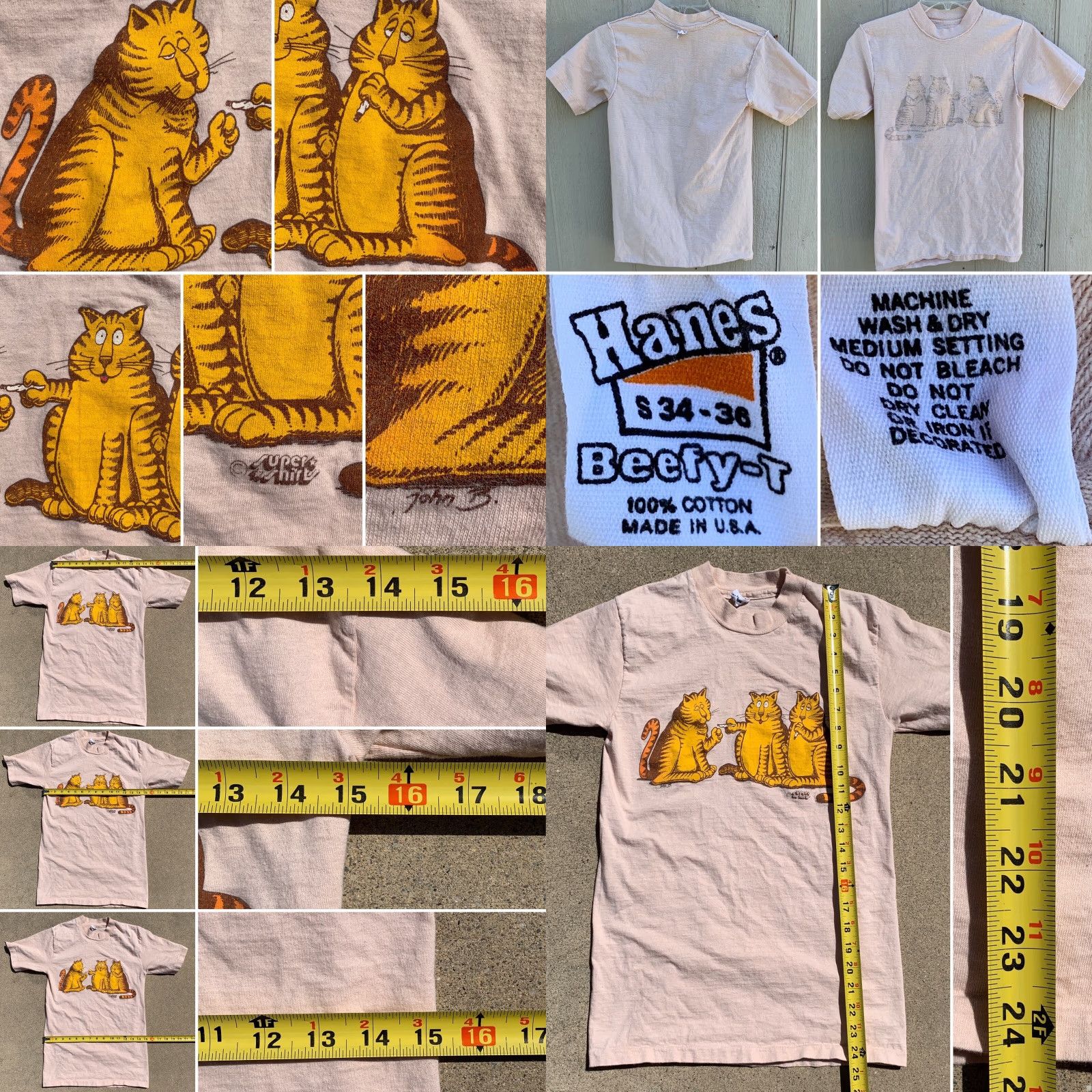 Hanes VINTAGE Hanes Beefy-T Cats Smoking T-Shirt S Beige 100% Cotton Mens 1980s Graphic Tee Short Sleeve Size US S / EU 44-46 / 1 - 8 Thumbnail