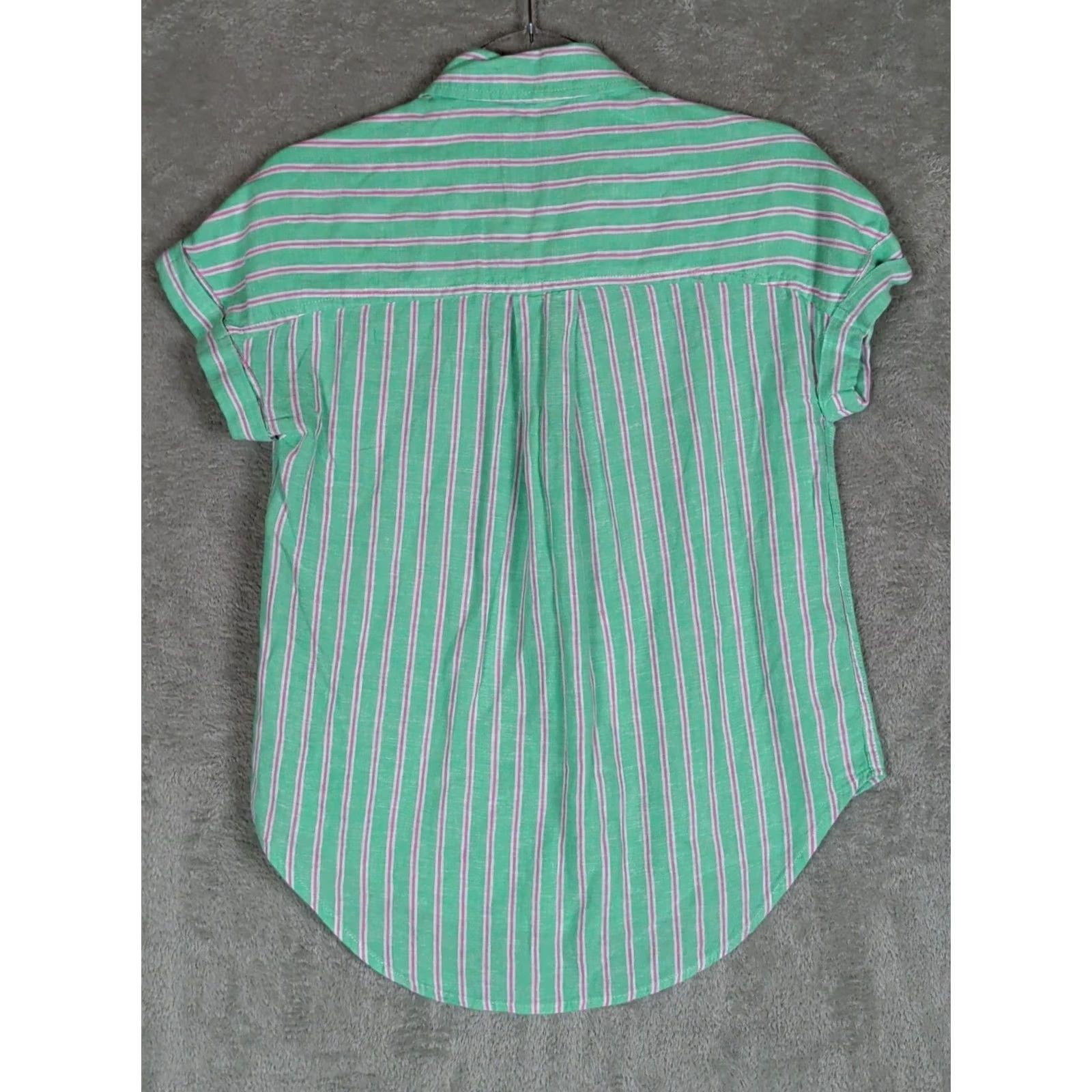 Vintage Lola River Women's Coastal Striped Button Down Shirt XS Linen Blend Green Cap Sleeve Short Sleeve Relaxed Fit Button-Up Casual Travel Size XS / US 0-2 / IT 36-38 - 6 Thumbnail