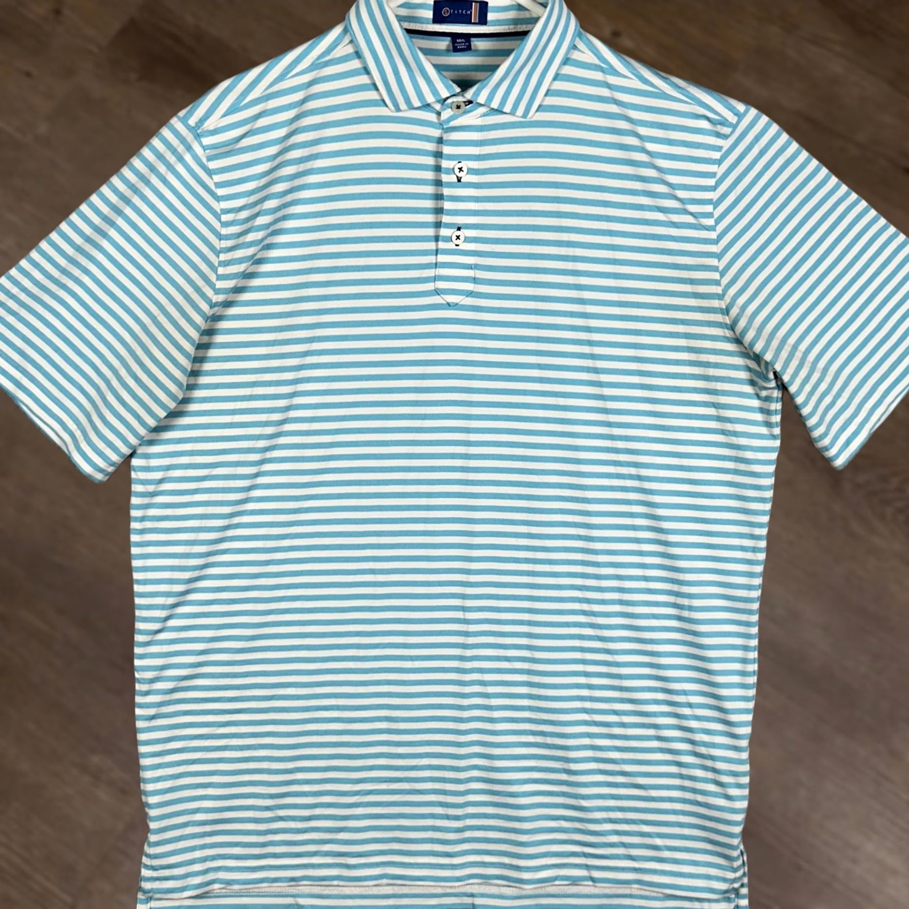 Vintage Stitch Golf Polo Mens Large Light Blue Stripe Short Sleeve Collared Performance Polo Shirt - Golf, Breathable, Stretch, Regular Fit Size US L / EU 52-54 / 3 - 1 Thumbnail