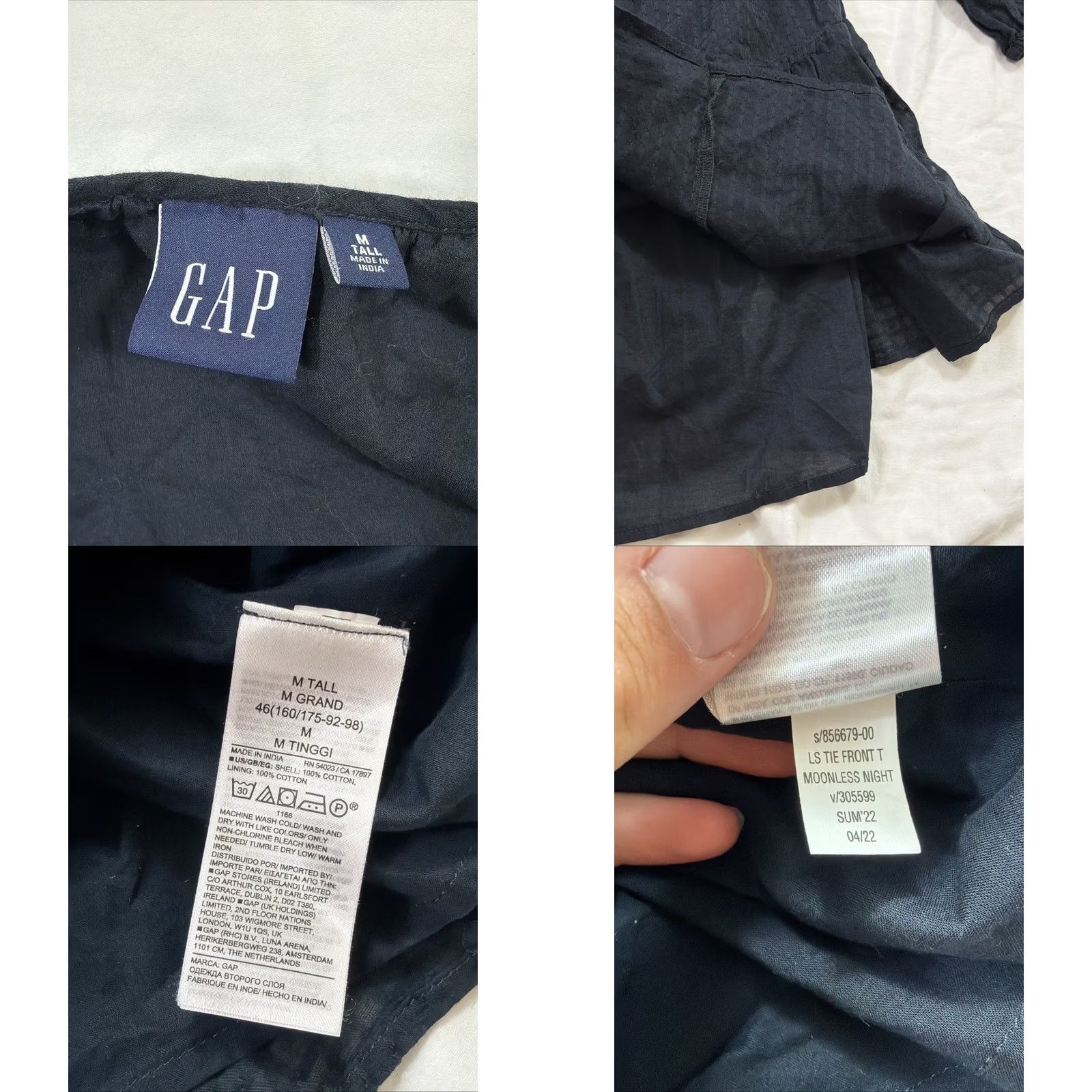 Gap VINTAGE Gap Women’s Medium Tall Tie Front Tiered Mini Dress Black Long Sleeve Cotton Size M / US 6-8 / IT 42-44 - 8 Thumbnail