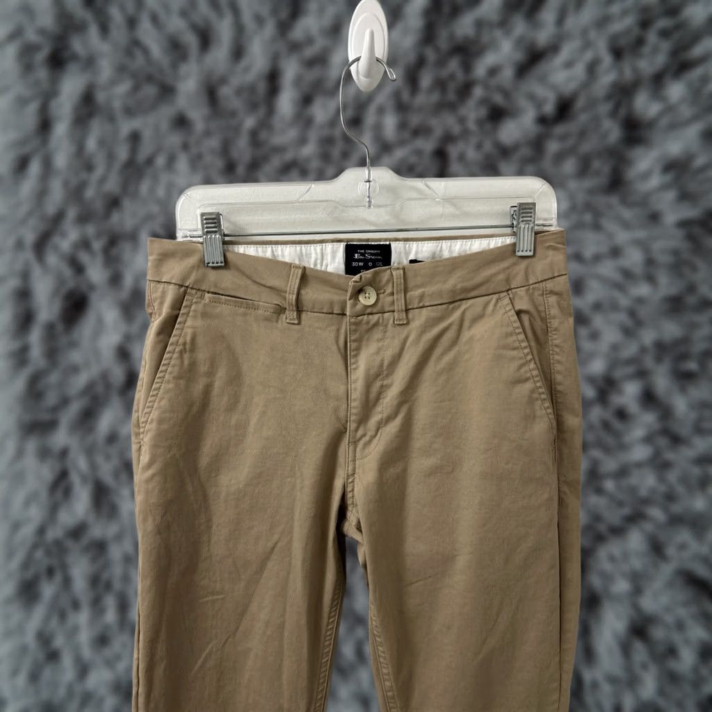 Ben Sherman Ben Sherman Chino Pants Mens 30x32 Khaki Slim Fit Tan Cotton Spandex Tapered Flat Front Logo Zipper Pockets Casual Workwear Size US 30 / EU 46 - 1 Thumbnail