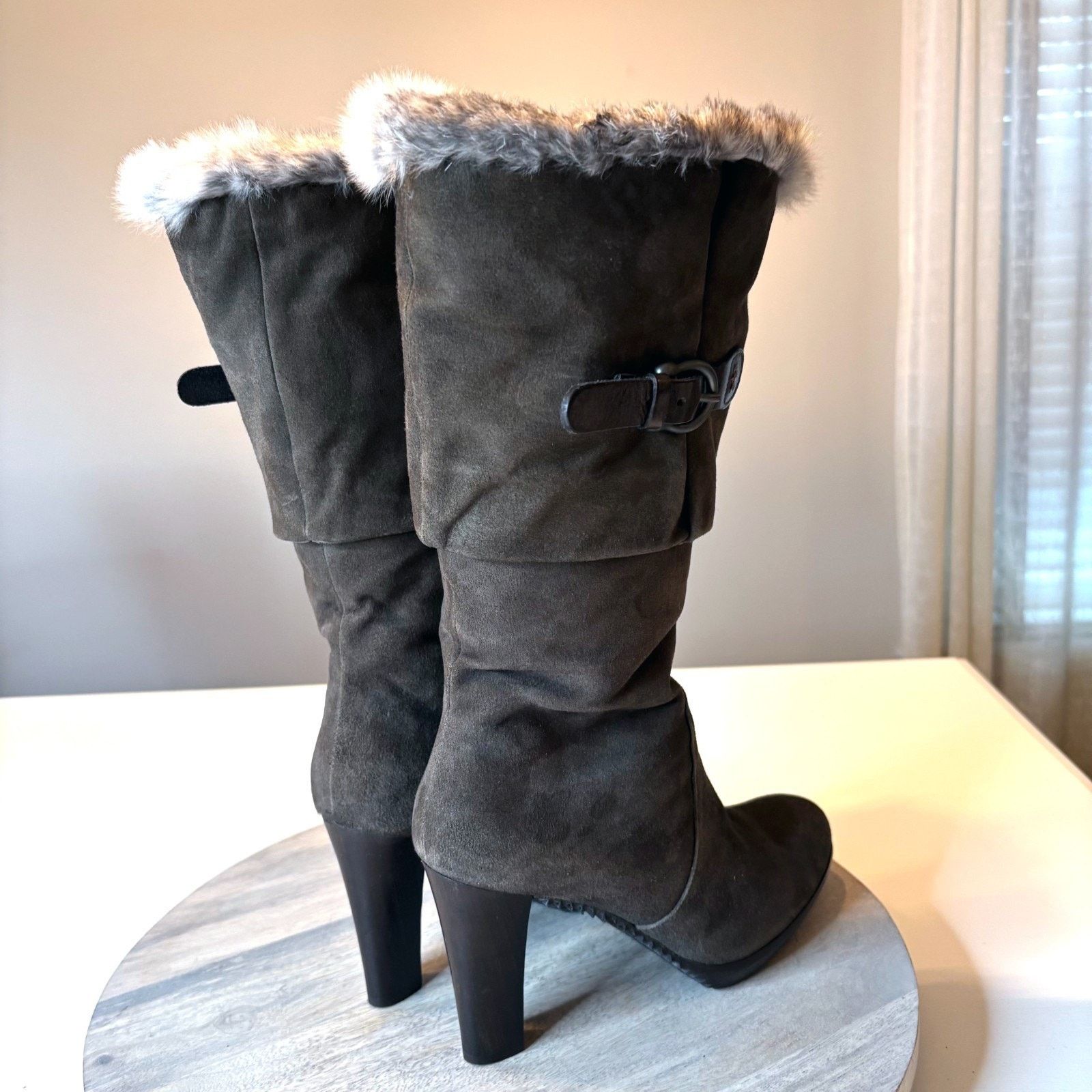 HENRY BEGUELIN Henry Beguelin Suede Fur Trim Boots Sz 9 Brown Buckle Heel Size US 9 / IT 39 - 7 Thumbnail
