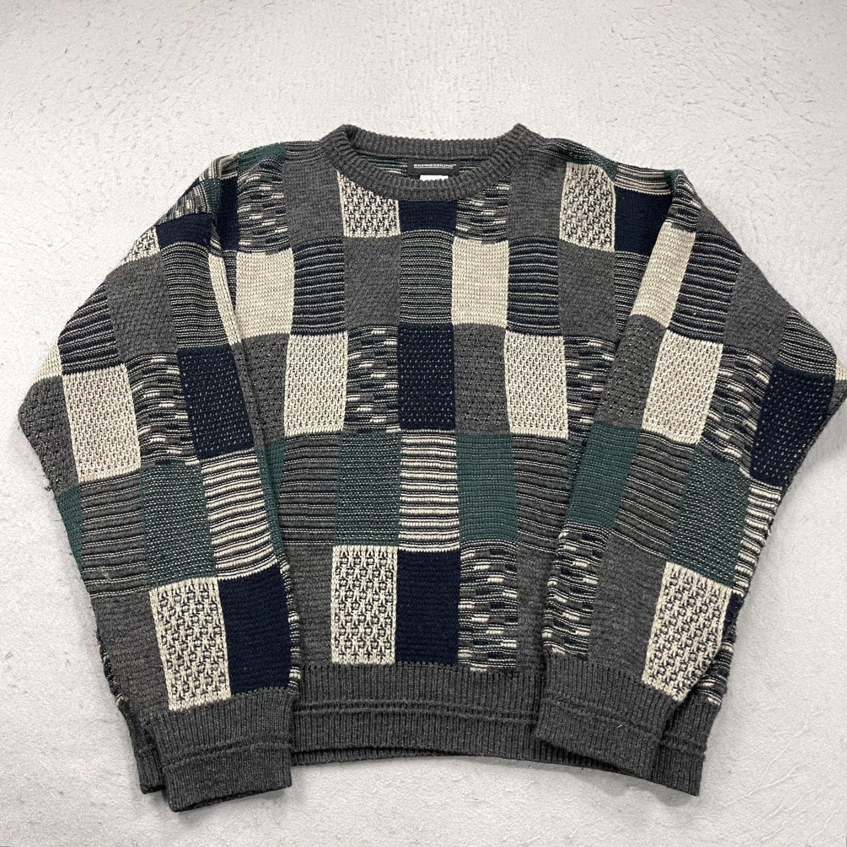 Vintage VINTAGE Expressions Sweater Shirt Mens L Gray Patchwork 90s Geometric Knit Pullover Crewneck Size US L / EU 52-54 / 3 - 2 Thumbnail