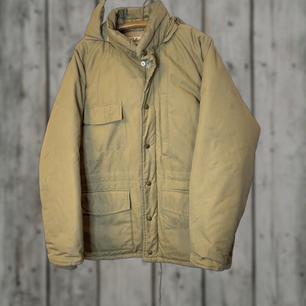 VINTAGE Cabela's Mens Jacket Puffer Down Hooded Zip Stand-Up Collar Brown Regular M Weather Coat
