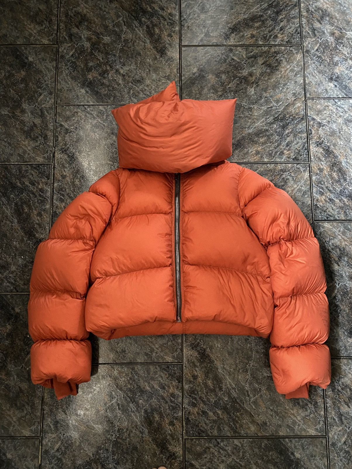 image of Rick Owens Orange Cropped Puffer, Men's (Size Small)