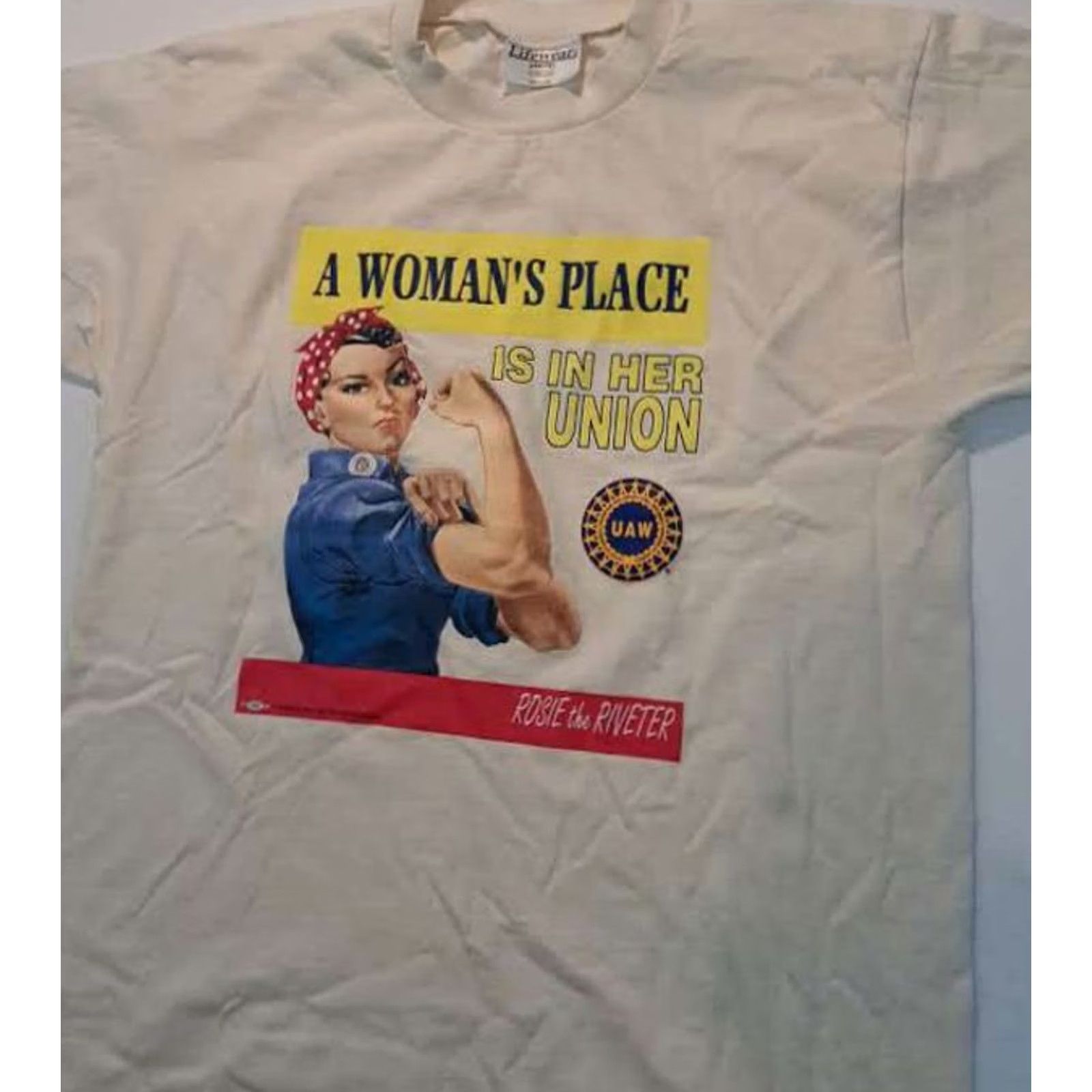 Vintage Lifewear Shirt Mens M tan UAW Rosie the Riviter Woman Place Union USA Size US M / EU 48-50 / 2 - 3 Thumbnail