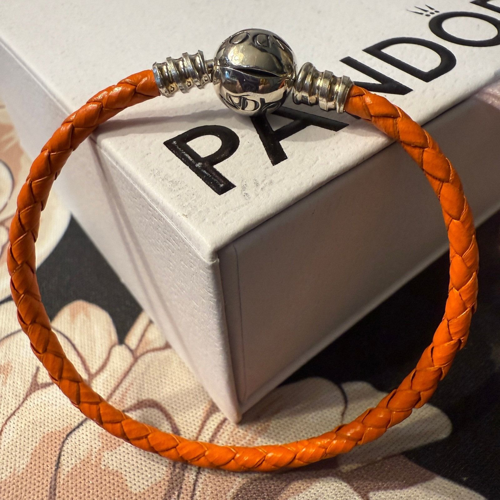 pandora Authentic Pandora, 17CM, Orange Braided Leather Bracelet, Si Size ONE SIZE - 4 Thumbnail