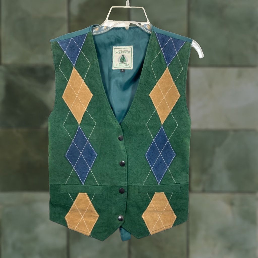 Vintage Northwest Territory Leather Vest Womens Small Green and Brown 90s Argyle Size S / US 4 / IT 40 - 1 Thumbnail
