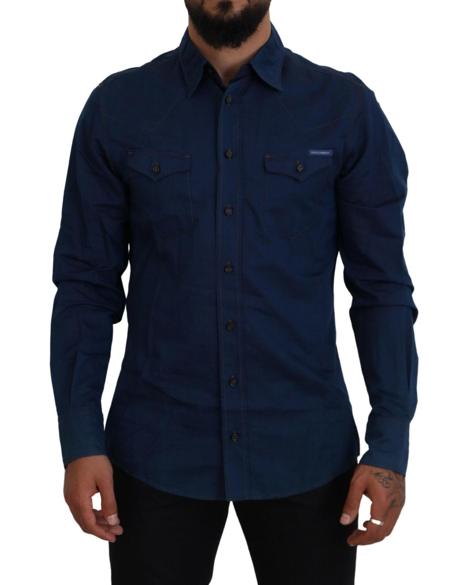 image of Dolce Gabbana Denim Cotton Slim Fit Shirt in Blue, Men's (Size XS)