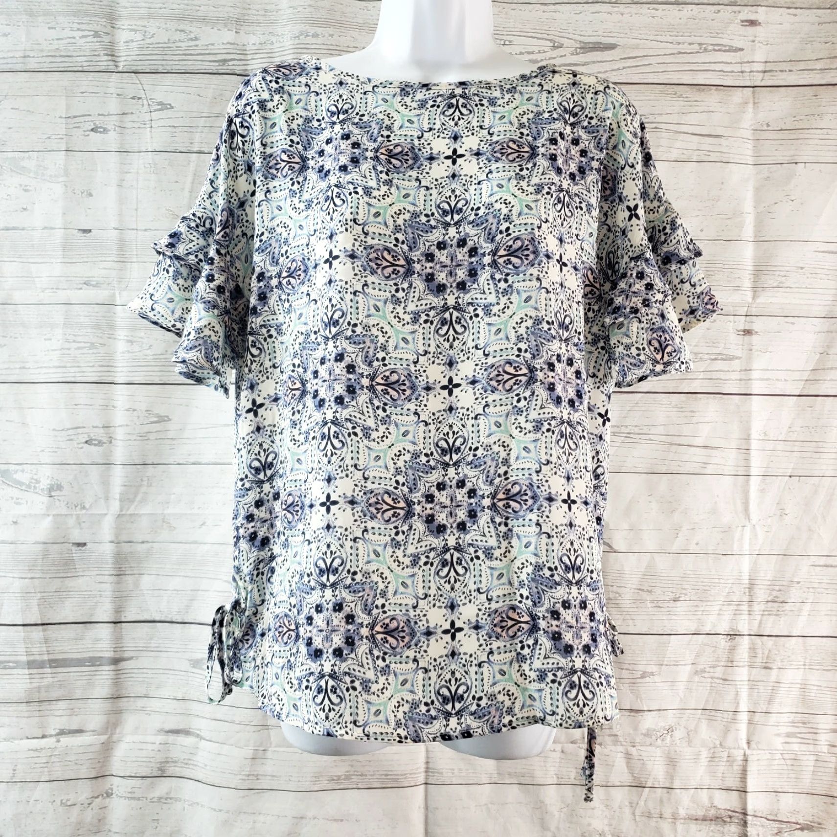 Vintage Maurices Womens Blouse Shirt Medium Green Printed Ruffle Sleeve Vintage No Size M / US 6-8 / IT 42-44 - 2 Thumbnail