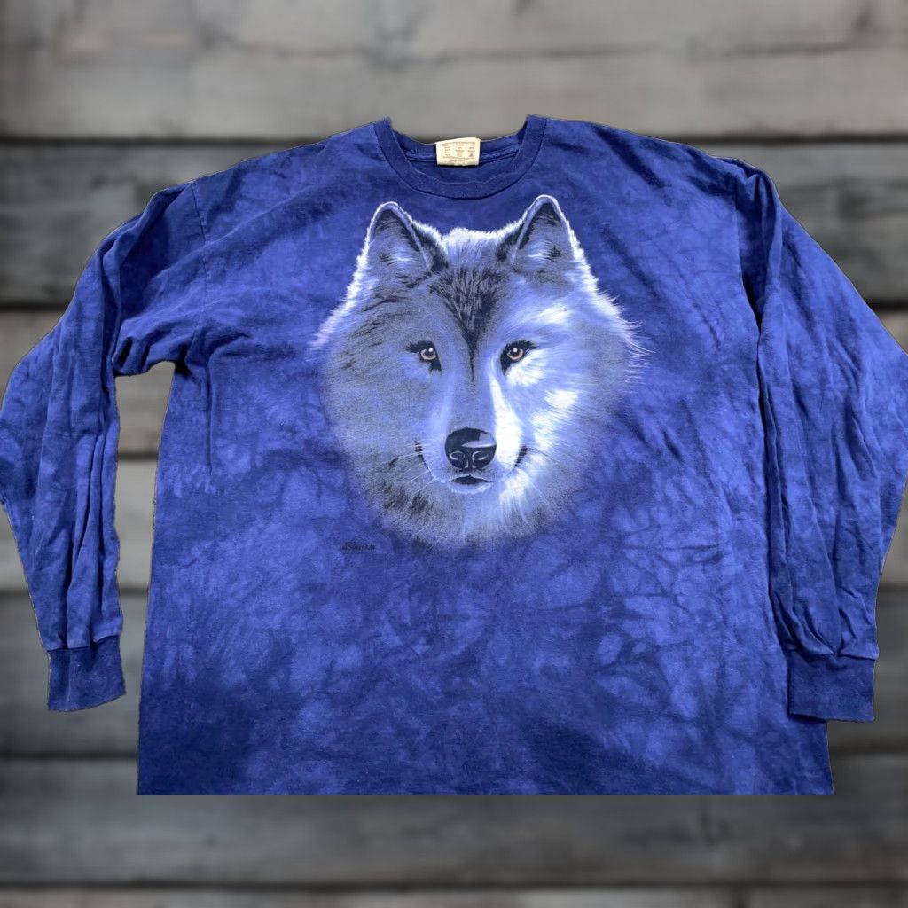 The Mountain VTG The Mountain Wolf Face Print Long Sleeve T-Shirt Dark Blue Tie Dye XL Men’s Adult Crew Neck 100% Cotton Jersey Graphic Print Vintage Size US XL / EU 56 / 4 - 1 Thumbnail