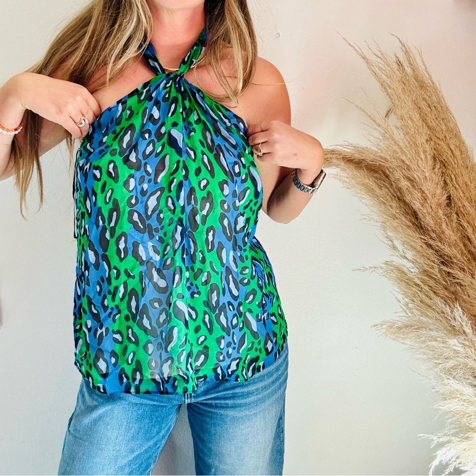 Vintage VINTAGE Blue Green Black Silk Halter Tie Tank Top Blouse Size M / US 6-8 / IT 42-44 - 1 Thumbnail