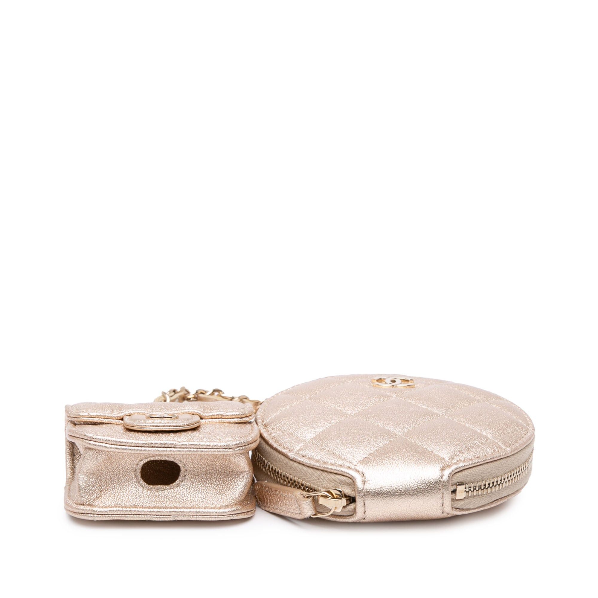 Chanel Gold Metallic Lambskin Round Coin Purse And Airpods Case, Women's