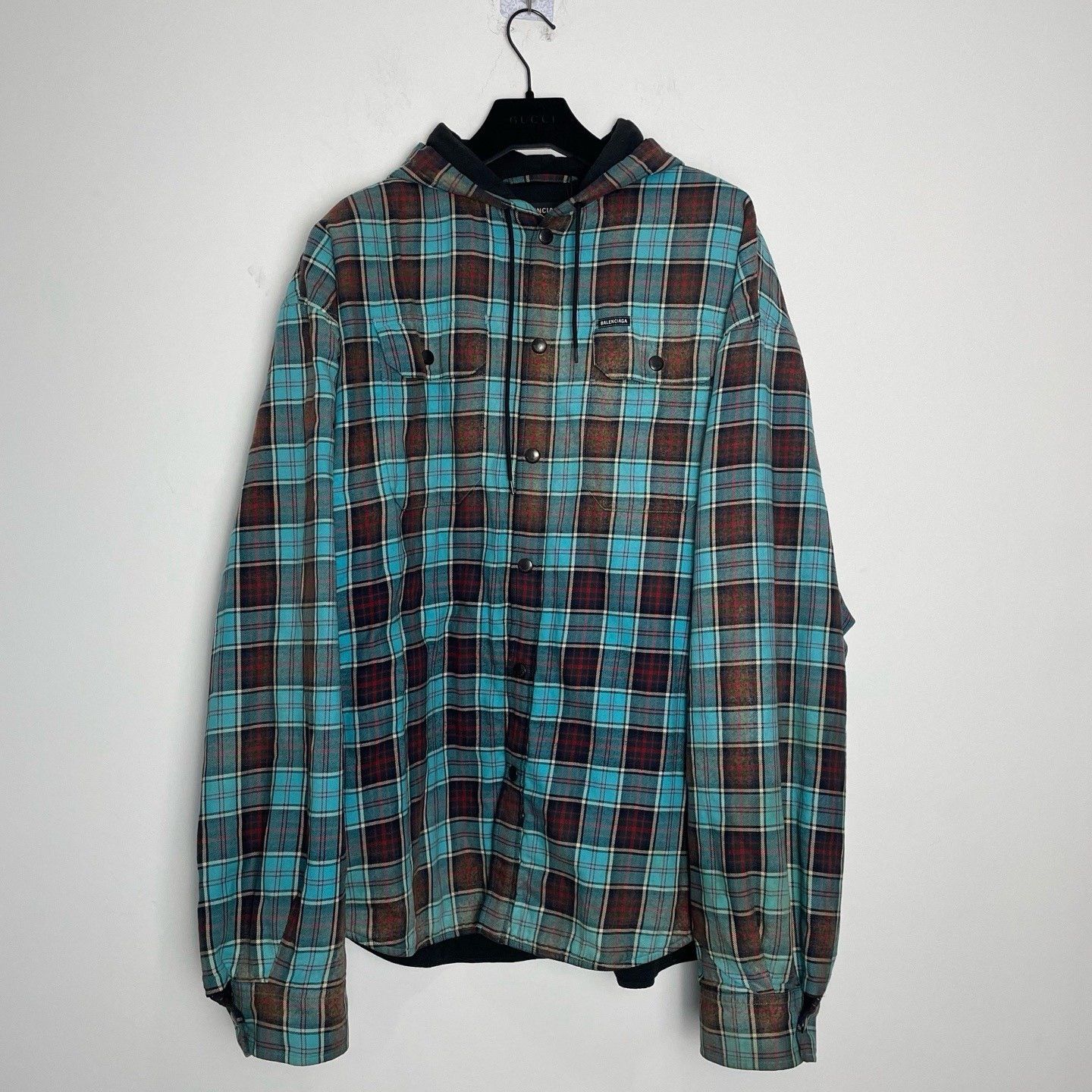 Balenciaga Balenciaga Gradient Plaid Hooded Drawstring Shirt Size US XS / EU 42 / 0 - 1 Thumbnail