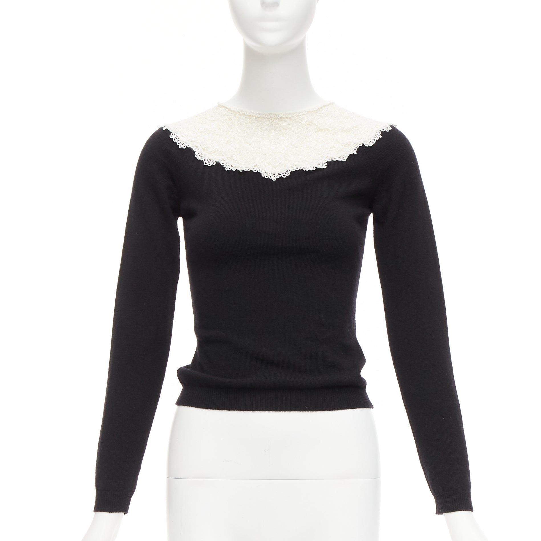 Valentino VALENTINO black cream beaded lace collar virgin wool cashmere crop sweater XS Size S / US 4 / IT 40 - 1 Thumbnail