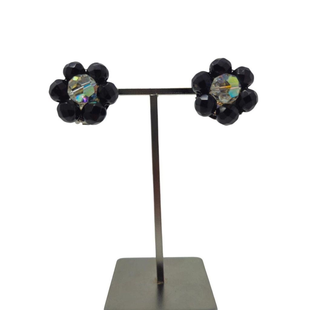 Vintage Black Glass 1950s–1960s beaded clip-on earrings