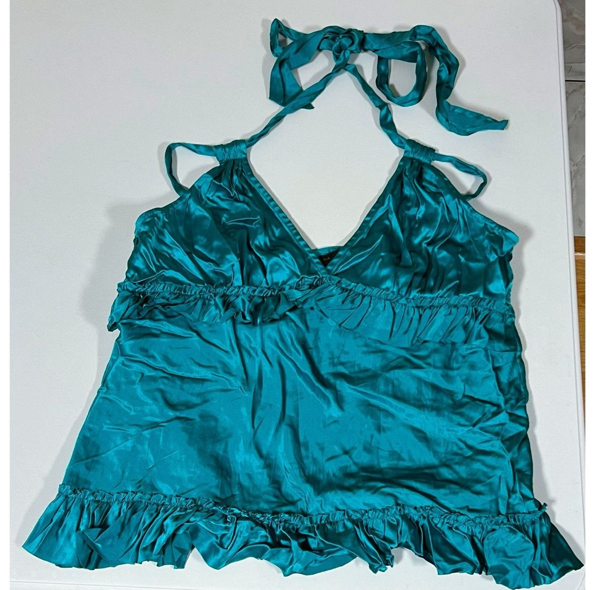 Bcbgmaxazria Teal Satin Ruffle Babydoll Y2K Tank Top Shirt Blouse Size L✨ Size L / US 10 / IT 46 - 1 Thumbnail