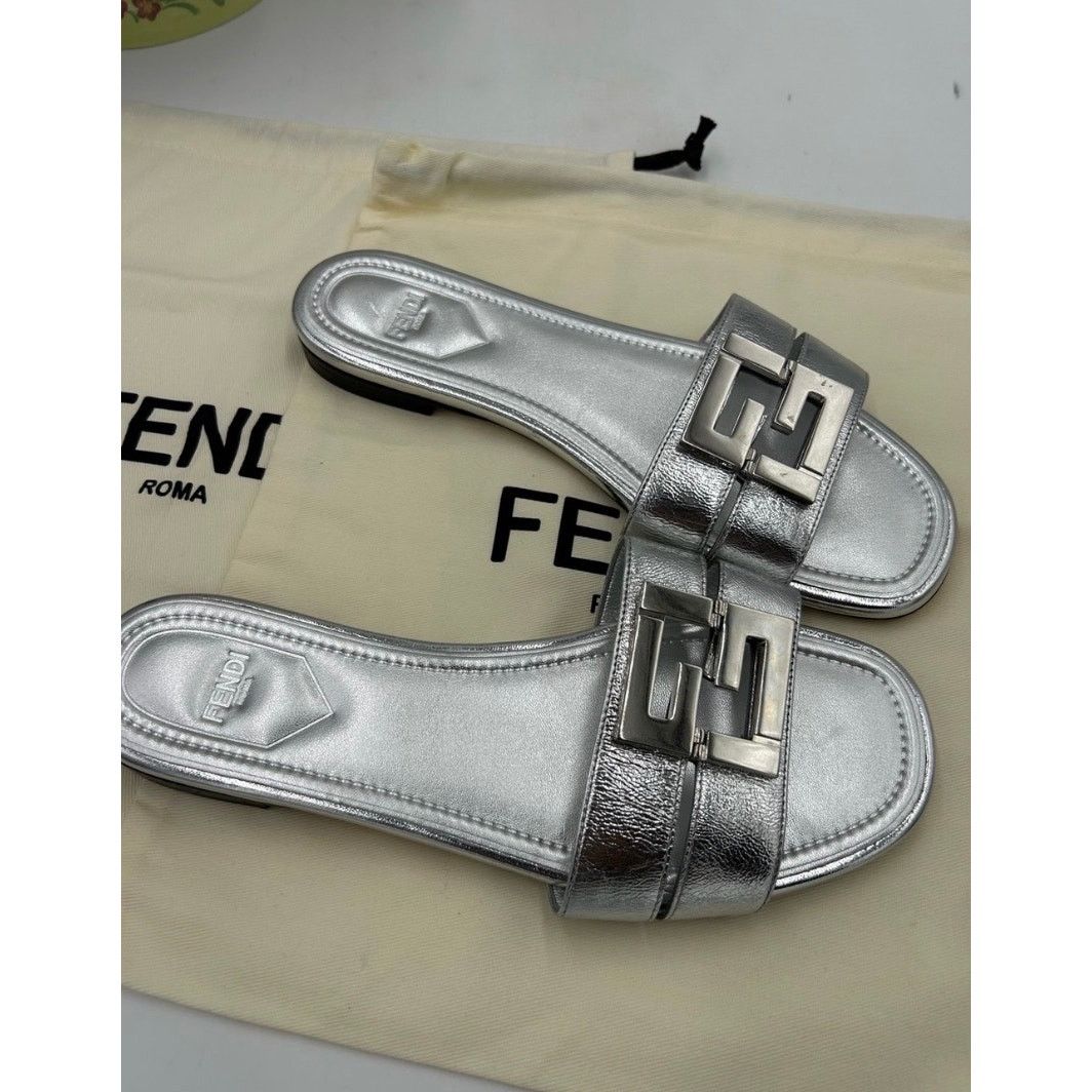 Fendi Fend Silver Slide Sandals - Metallic Leather Flat size 38 Size US 8 / IT 38 - 2 Thumbnail