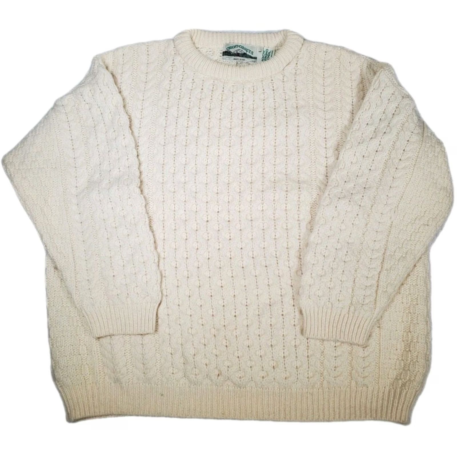 Vintage Aran Crafts 100% Merino Wool Crew Neck Sweater Natural Unisex L Ireland Knit Pullover Crew Neck Casual Wool Jumper Size US L / EU 52-54 / 3 - 3 Thumbnail