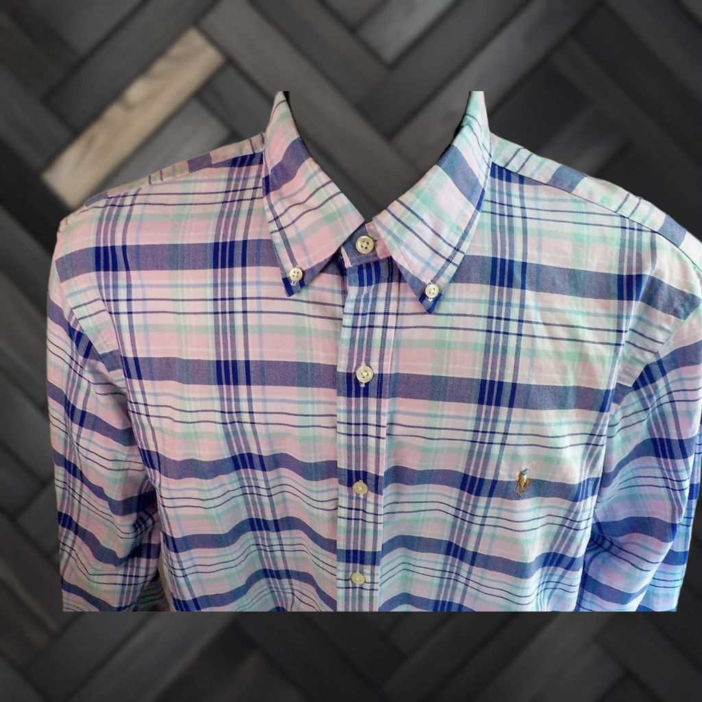 Ralph Lauren RALPH LAUREN Button-Down Plaid LS Shirt Navy/Pink/Mint/White 100% Cotton XL Men Size XL/Regular Button Front Collared Long Sleeve Size US XL / EU 56 / 4 - 1 Thumbnail