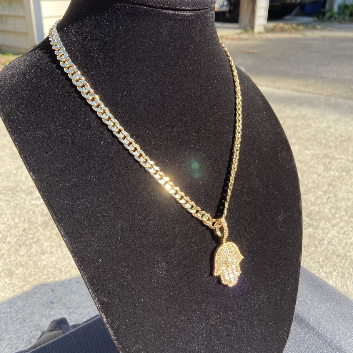 Jewelry Gold Chain Cuban Link Necklace 20in 7mm and Icy Hamsa Hand Size ONE SIZE - 2 Thumbnail