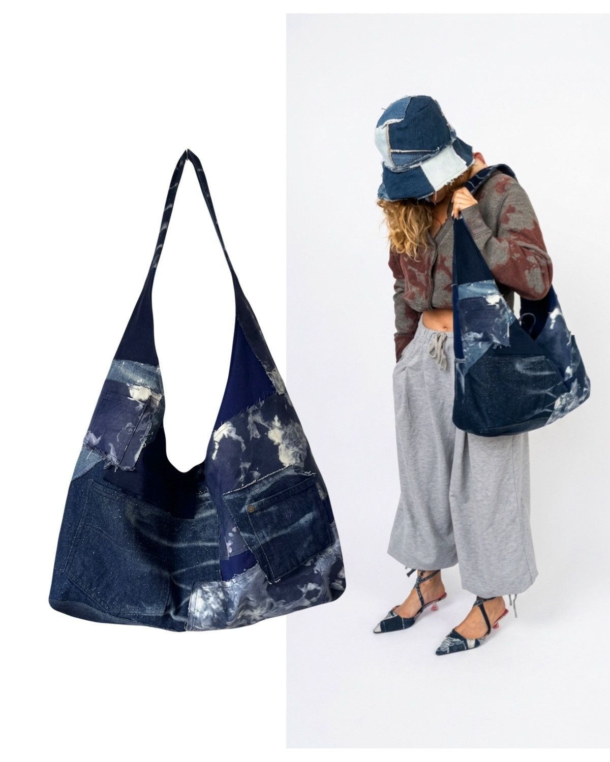 Custommade Handcrafted oversized messenger bag made from reworked denim Size ONE SIZE - 4 Thumbnail