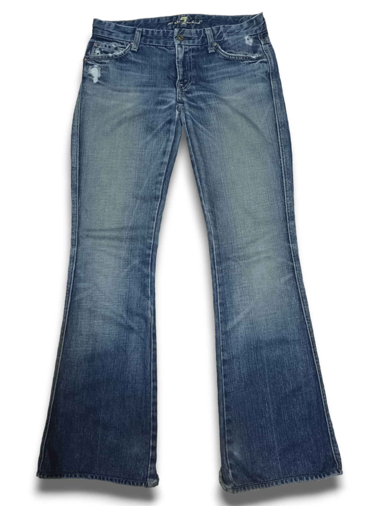 Image of Vintage 7 For All Mankind Bell Bottom Distressed Flare Jeans in Blue, Women's (Size 31)