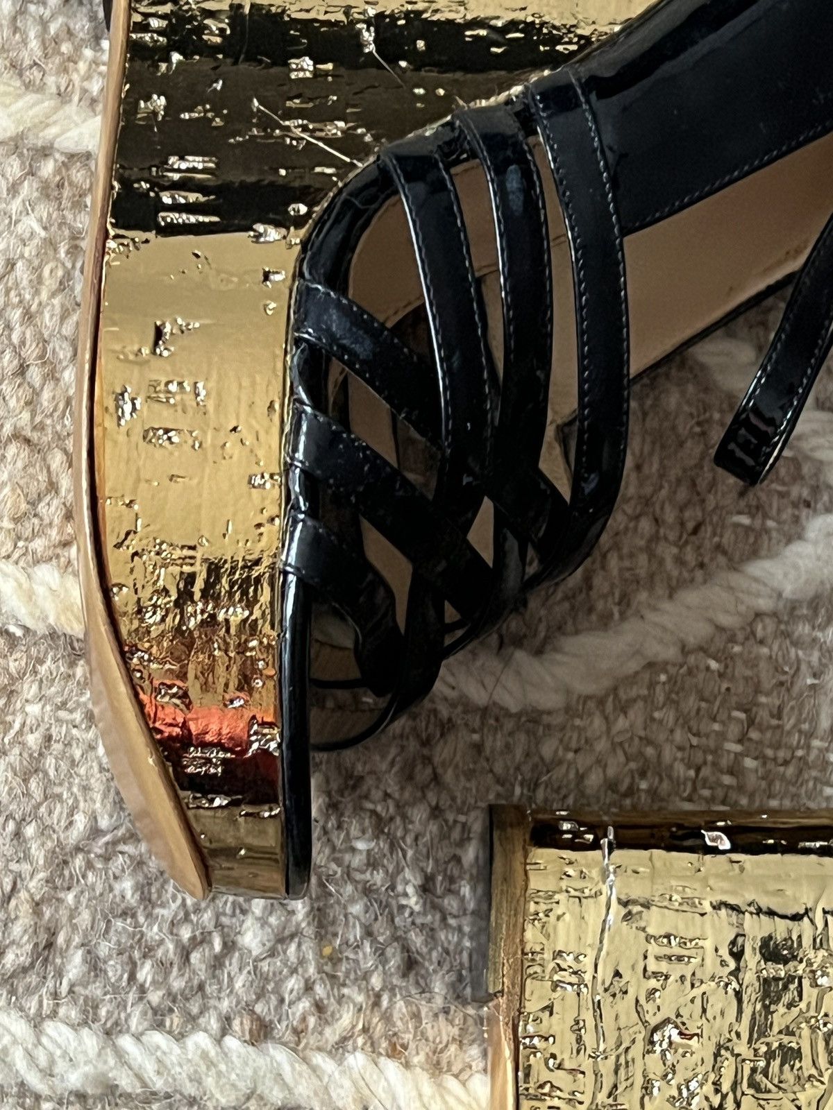 Yves Saint Laurent Yves Saint Laurent Black Leather Straps Gold Cork Wedge Size US 7 / IT 37 - 12 Thumbnail