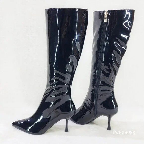 Other Static Shiny Black Patent Knee Boots 3" Kitten Heels (US Sho Size US 6 / IT 36 - 1 Thumbnail