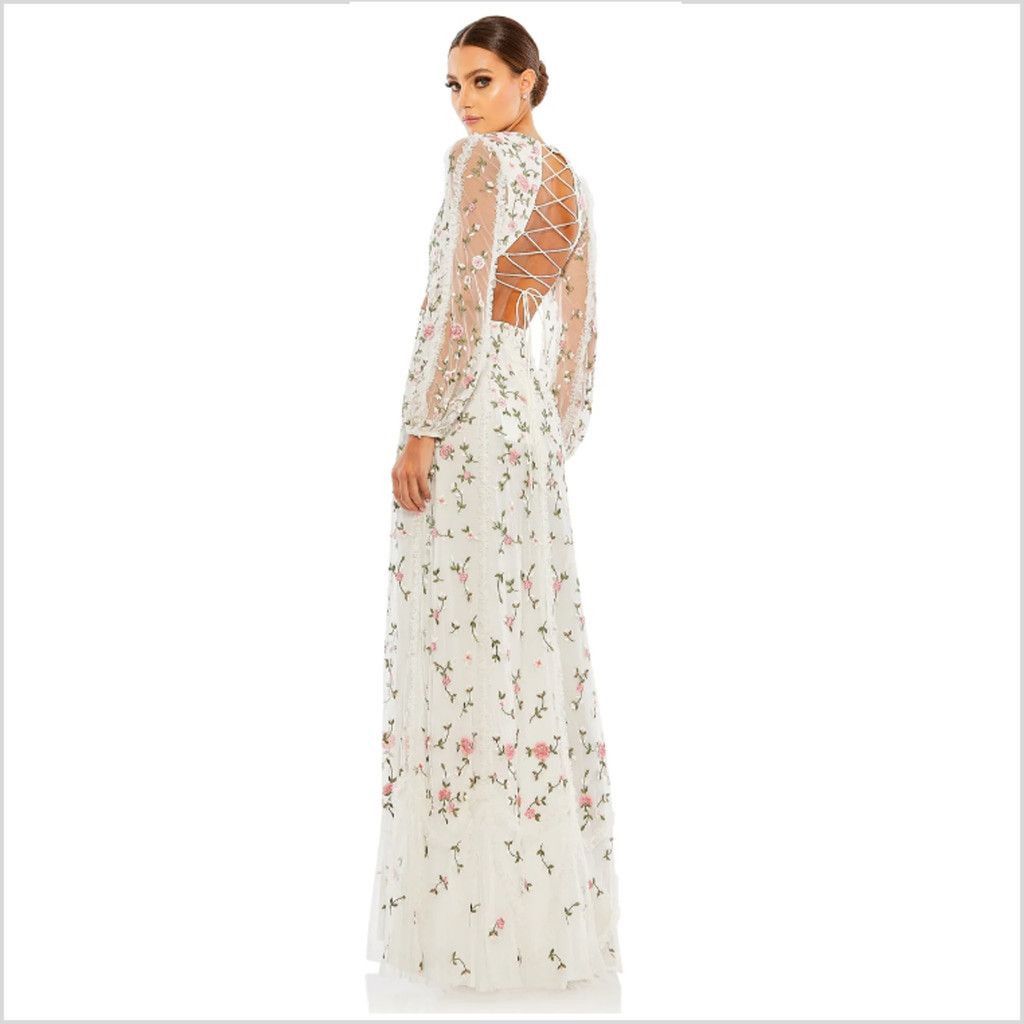 Mac Duggal Mac Duggal White Floral Embroidered Long Sleeve Gown Size-10 Size L / US 10 / IT 46 - 3 Thumbnail