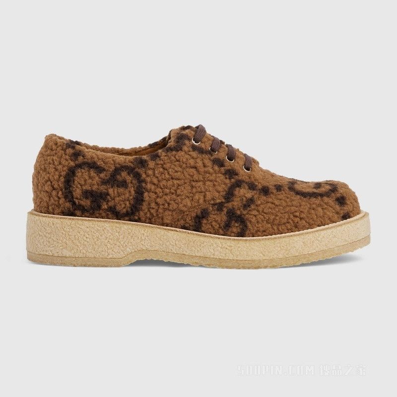image of Gucci Gg Logo Lace Up Shearling Shoes In Brown, Men's (Size 12)