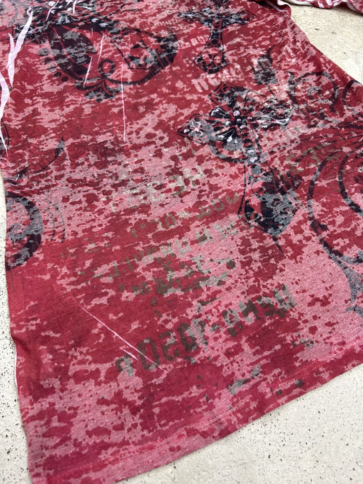 Designer × Japanese Brand Edgy Red L/ Sleeve Top –Distressed Print Angel Wing Graphics Size US XS / EU 42 / 0 - 15 Thumbnail
