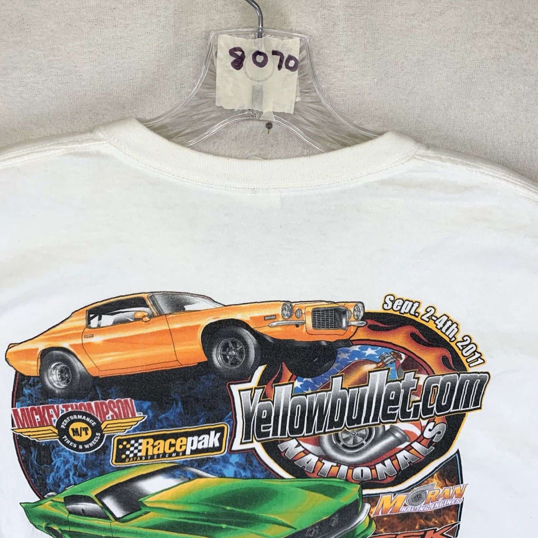 Gildan Men's Cotton Muscle Car T-Shirt XL White Yellow Bullet 2011 Dragway Cars Speed Graphic Print Size US XL / EU 56 / 4 - 7 Thumbnail