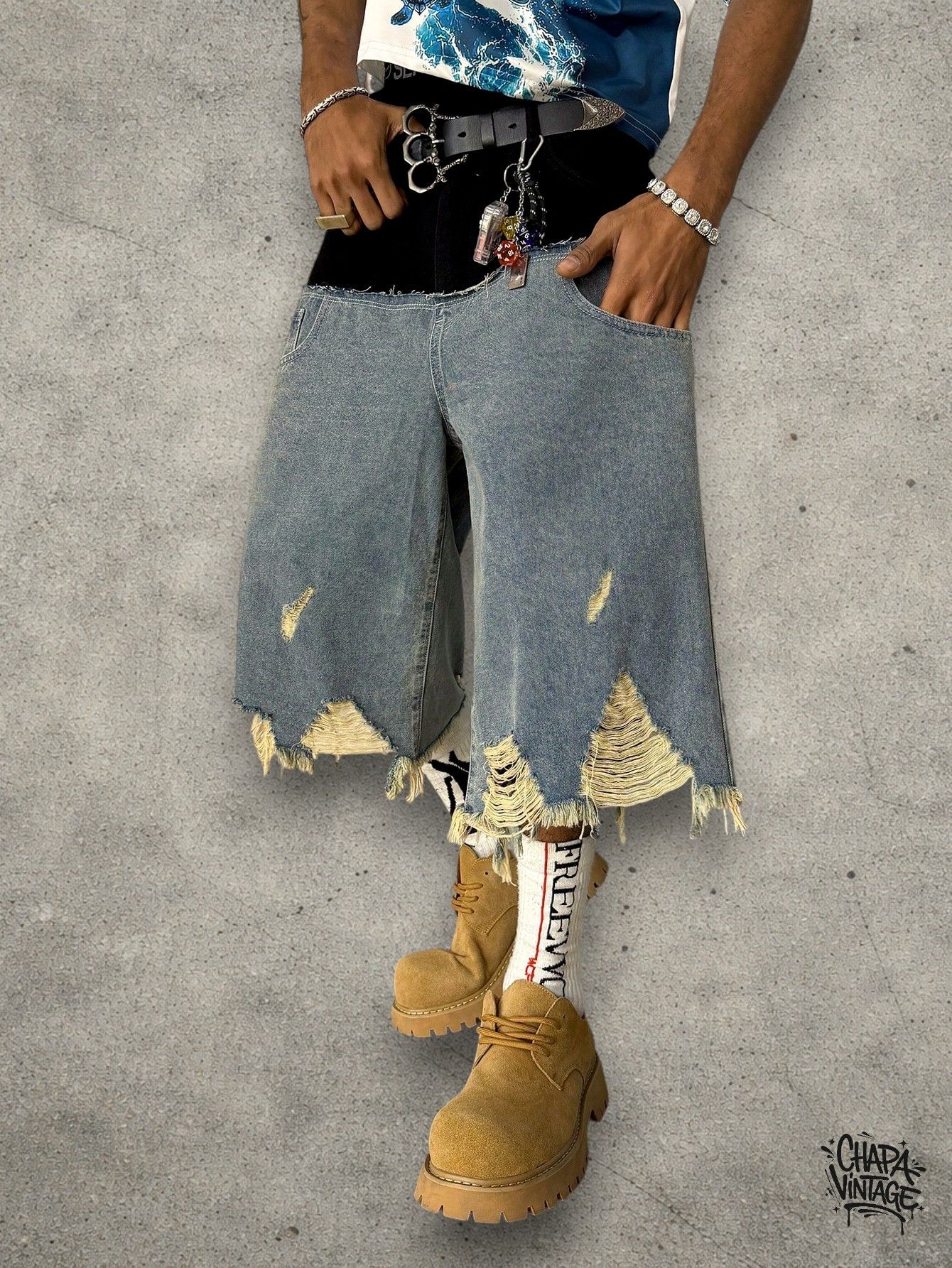 Japanese Brand Distressed double shorts Size US 32 / EU 48 - 1 Thumbnail