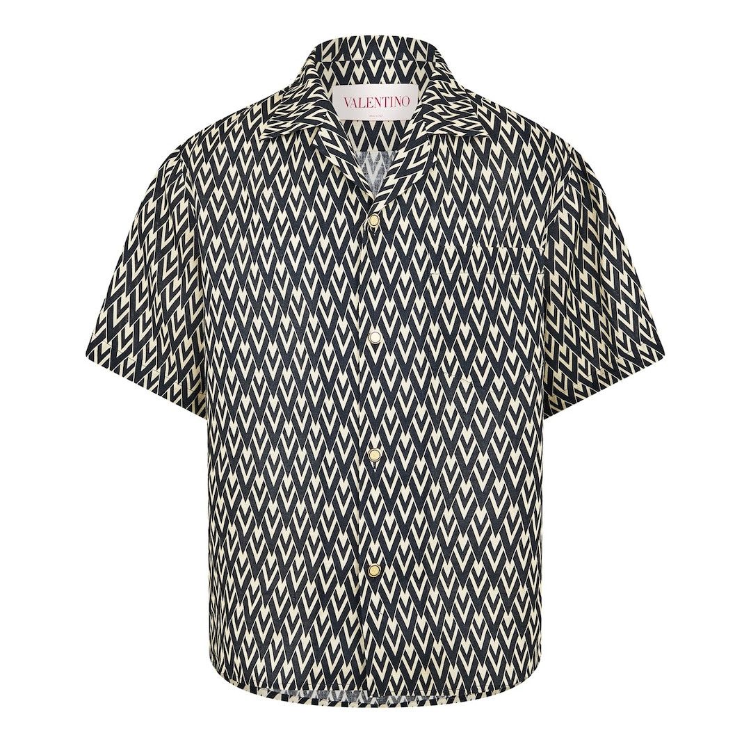Valentino o1g2r1mq0526 Linen Bowling Shirt in Navy/Cream Size US S / EU 44-46 / 1 - 1 Thumbnail
