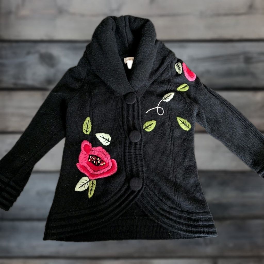 Vintage Through The Country Door Women's Cardigan Sweater Black Embroidered Floral Pillow Collar Size M Casual Size M / US 6-8 / IT 42-44 - 1 Thumbnail
