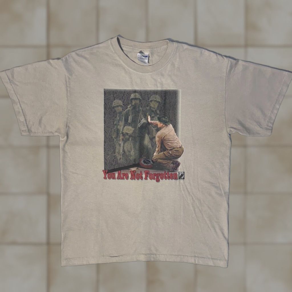 Gildan VINTAGE Y2K Pow Mia 2002 You Are Not Forgotten TShirt Medium USA Soldiers Shirt Mens Beige Gildan Logo AM Size US M / EU 48-50 / 2 - 1 Thumbnail