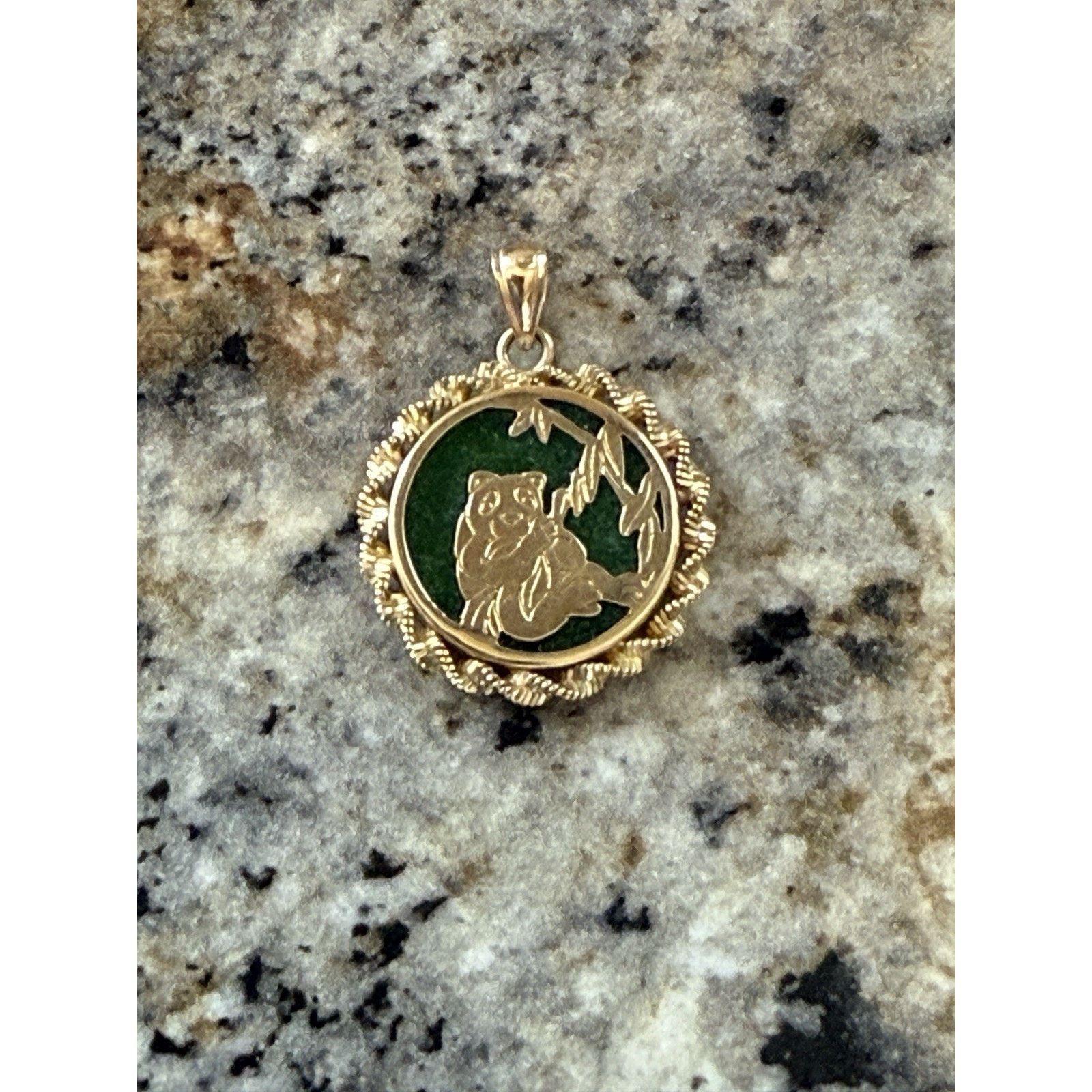 Other Yellow Gold Green Jade Panda Eating Leaves, Circle Pendant Size ONE SIZE - 1 Thumbnail