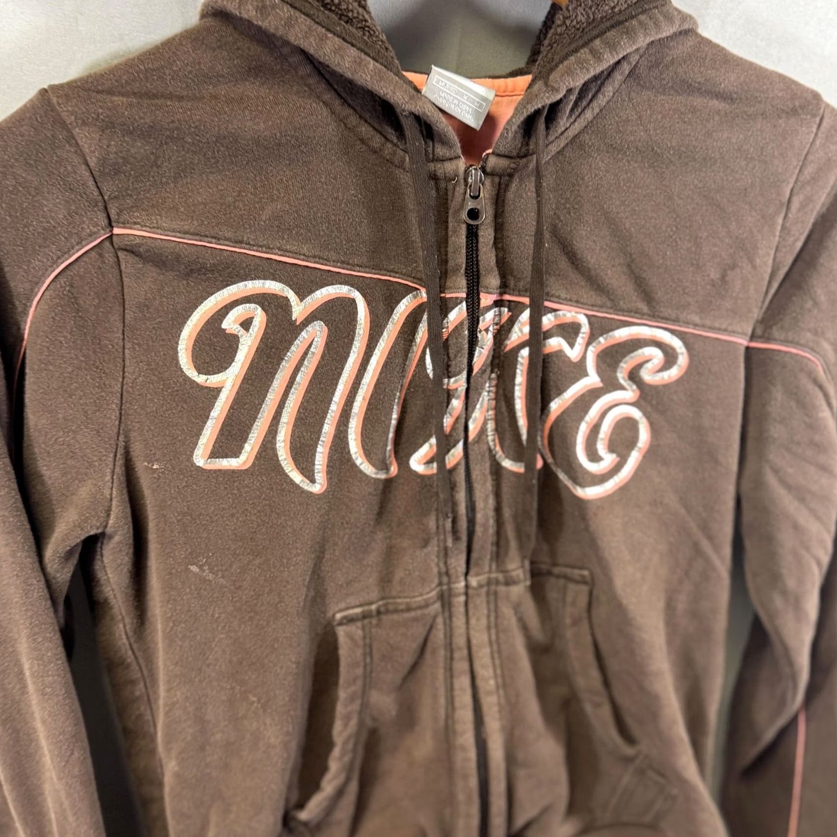 Nike Nike Hoodie Womens Small Brown Full Zip Fleece Pink Piping Spell Out Logo Size S / US 4 / IT 40 - 3 Thumbnail