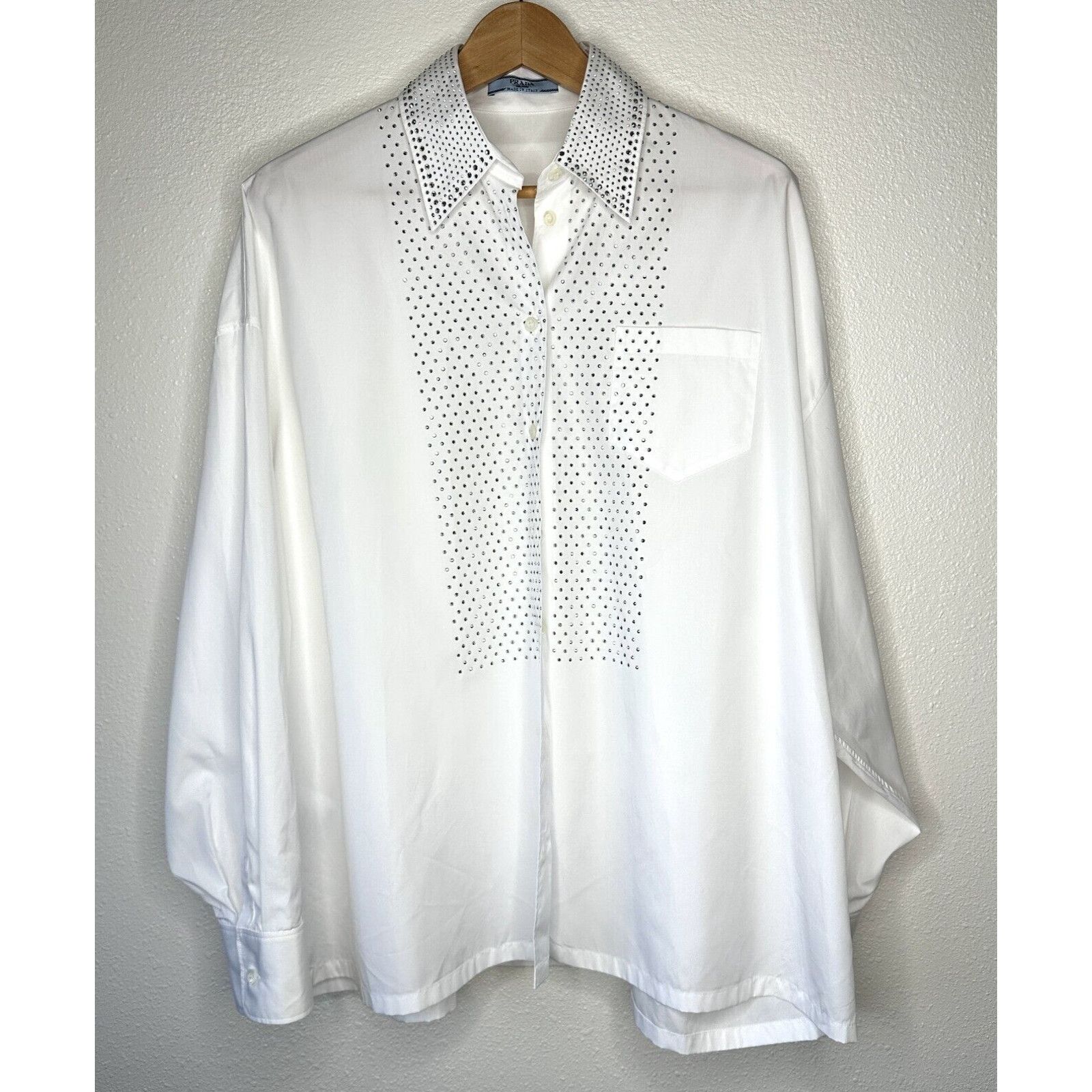Prada Prada White Button Rhinestone Encrusted Collar & Front Shirt Size L / US 10 / IT 46 - 1 Thumbnail