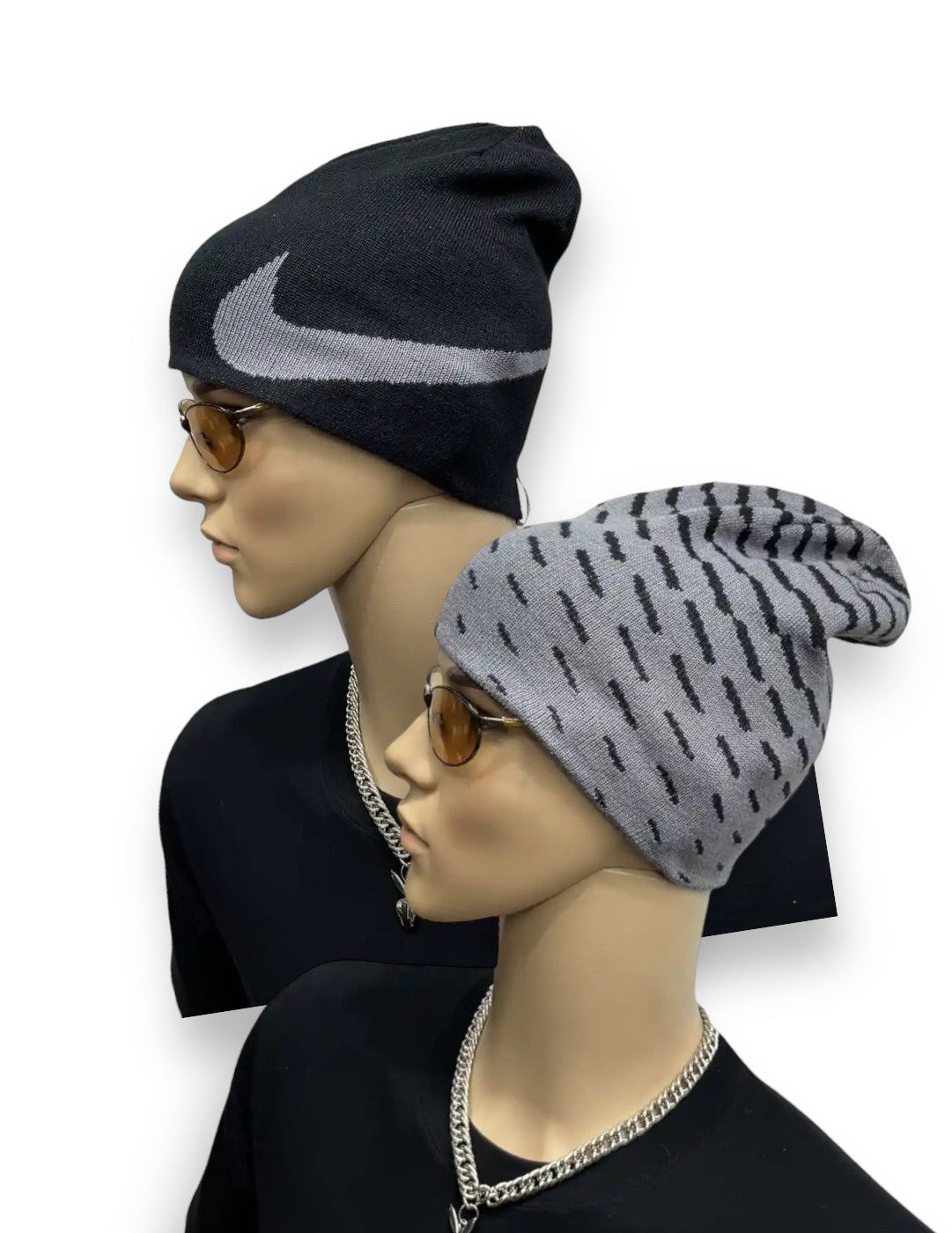 image of 90’S Nike Big Swoosh Reversible Acrylic Beanie in Black/Grey, Men's