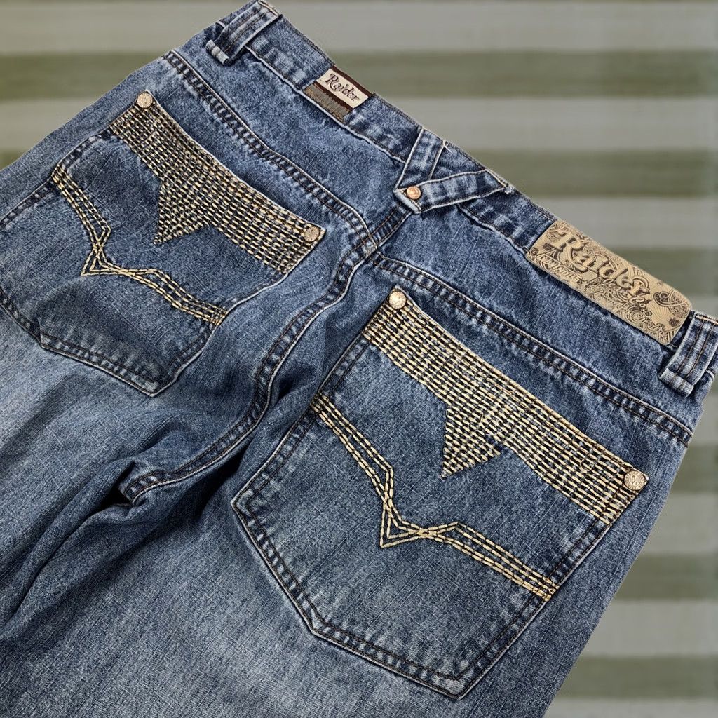 Vintage Raider Jeans Mens 32 x 29.5 Blue Baggy Embroidered Logo 5-Pocket Wide-Leg Distressed Hip Hop Skater Vintage Jeans Mens Regular Size US 32 / EU 48 - 1 Thumbnail