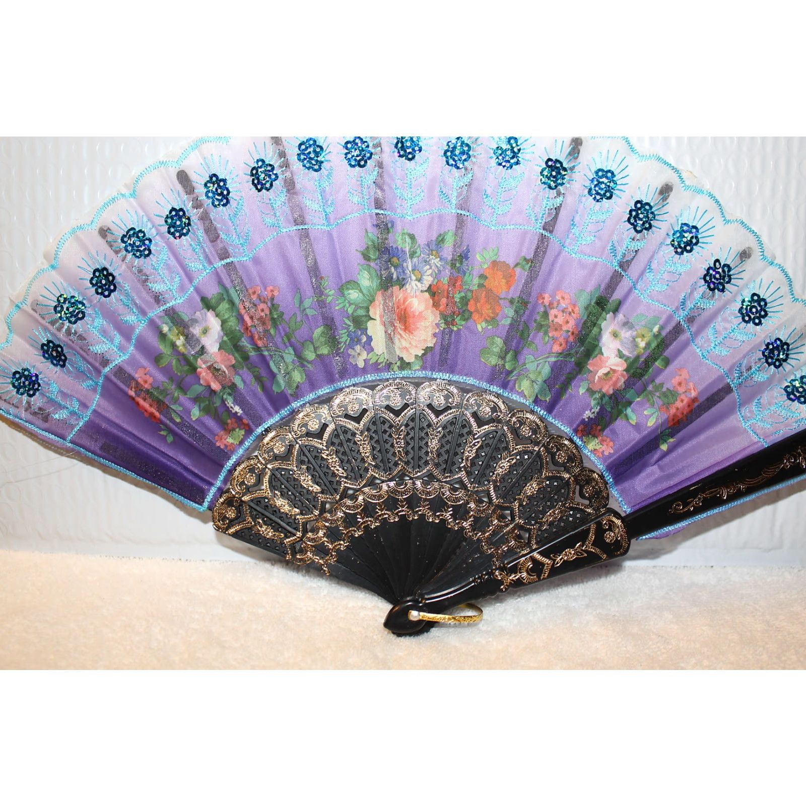 Vintage Vintage Hand Fan with Flower Sequin Embellishments, Small Size, 16-Inch Wide, Girls Women Size ONE SIZE - 2 Thumbnail