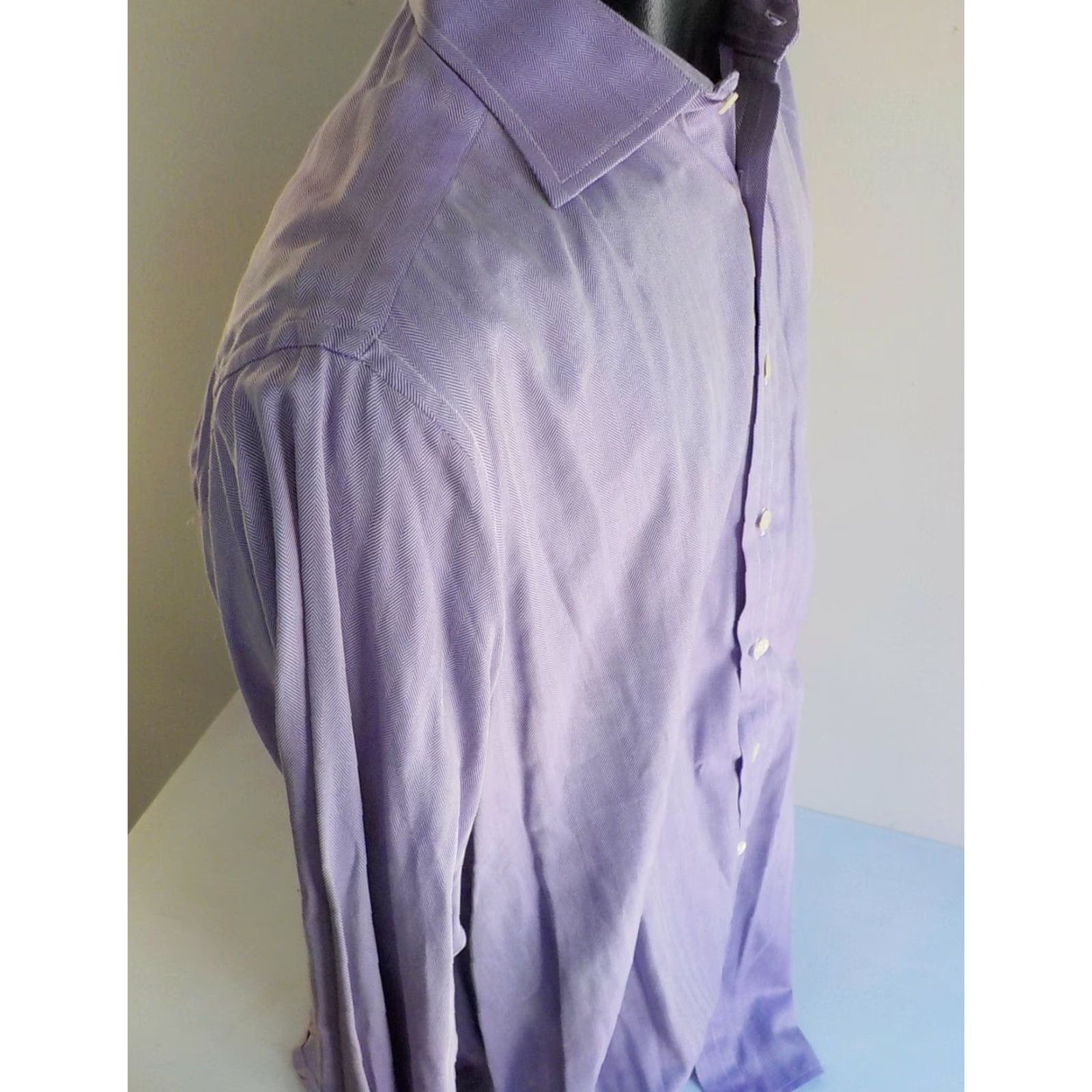 Pinko PINK by Thomas Pink Dress Shirt Purple Herringbone Twill French Cuffs 16-34 Classic Fit Dress Shirt Mens Size 42R - 3 Thumbnail